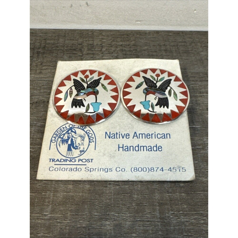 WOW Rare Dennis Nancy Edaakie Zuni Round Turquoise Inlay Hummingbird Earrings